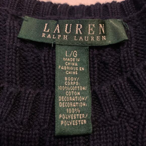 Lauren Ralph Lauren Womens Sweater Large Navy Cable Knit Brown Suede-Like Patch - Picture 2 of 11